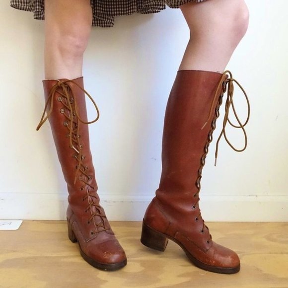 Frye Vintage Lace Up Knee-High Suede Brown Leather Block Heel Equestrian Boots - Picture 5 of 16